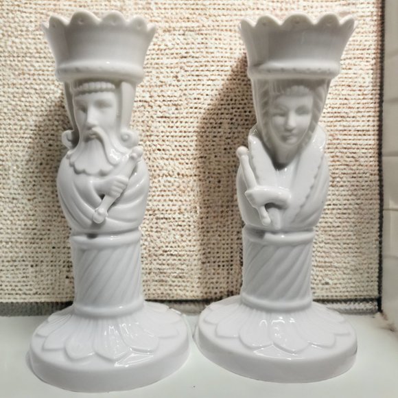 King & Queen Tappered Candle Holder Swiss Set Colum Sculpture White Porcelain - Picture 13 of 14